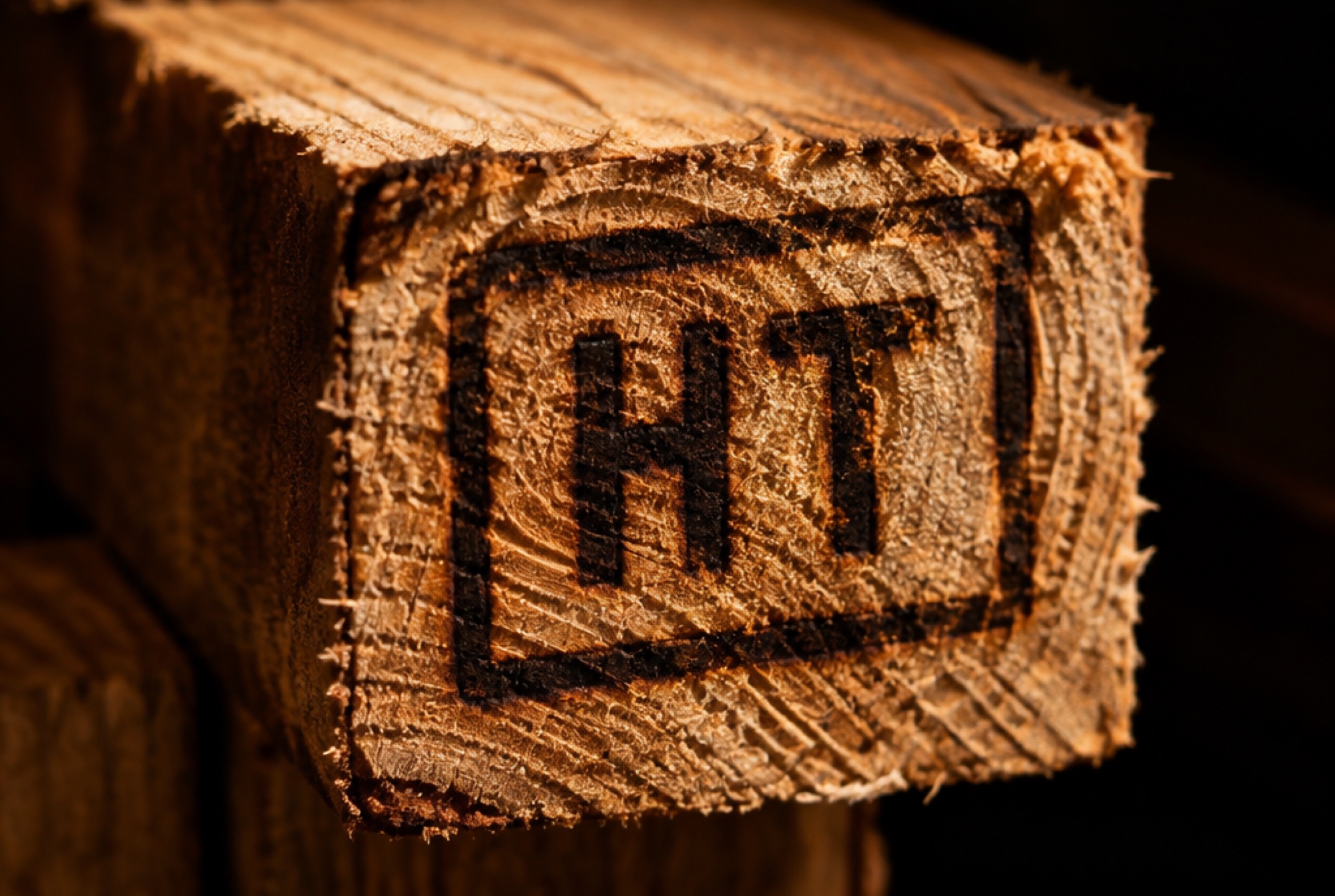 Sello de tratamiento térmico marcado en la madera